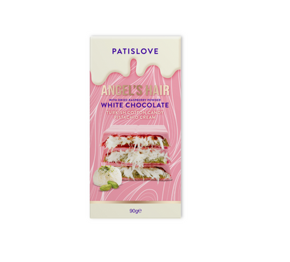 Angel hair white chocolate met pistache + frambozenpoeder [90 gram]