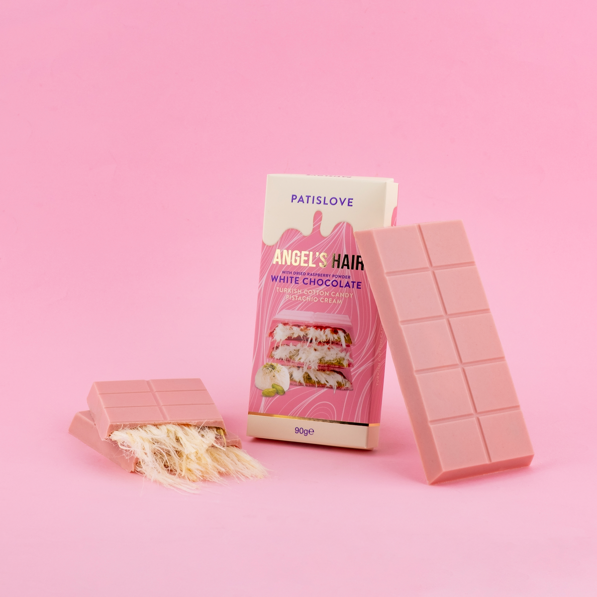 Angel hair white chocolate met pistache + frambozenpoeder [90 gram]