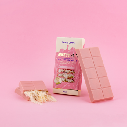 Angel hair white chocolate met pistache + frambozenpoeder [90 gram]
